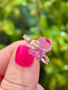 Beautiful Hand Carved Fluorite Crystal & CZ Butterfly Ring