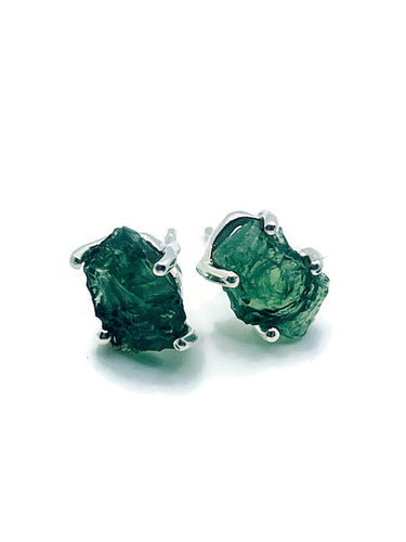 925 Sterling Silver and Genuine Natural Czech Moldavite Crystal Rough Claw Stud Earrings