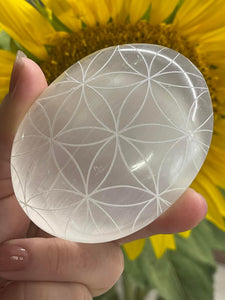 Large Moroccan Selenite Crystal Palm Stone - Flower of Life Etching
