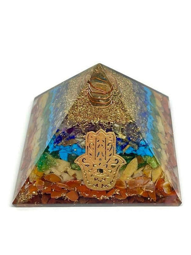 Large 7 Chakra Crystal Orgone Energy Pyramid - Hamsa Hand