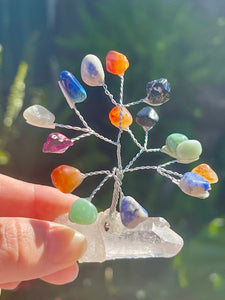 Wire Wrapped Chakra Crystal Gem Tree on Brazilian Clear Quartz Crystal Natural Point