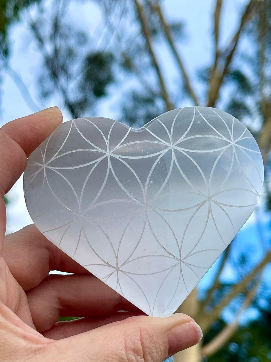 Large 8 to 9 Cm Moroccan Selenite Puffy Heart - Flower of Life Etching
