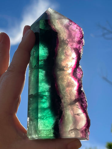 AAA Bright Green and Purple Cubic Fluorite Cluster Semi Polished Point