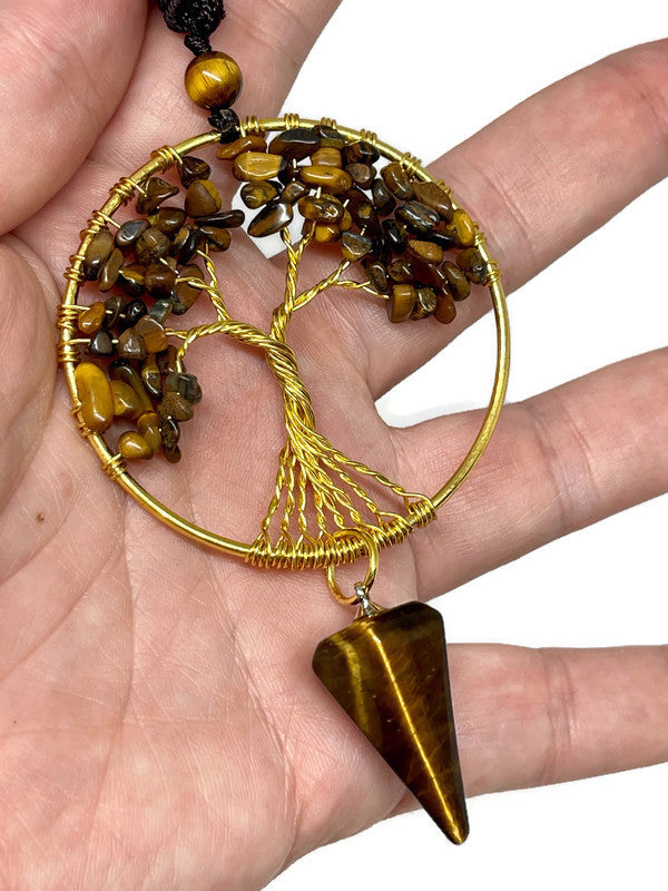 Wire Wrapped Tree of Life Golden Tiger Eye Pendulum Necklace