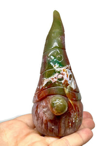 Large Hand Carved Natural Ocean Jasper Friendly Garden Gnome
