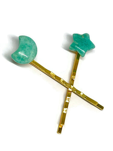 Celestial Moon and Star Crystal Hairpins - Amazonite