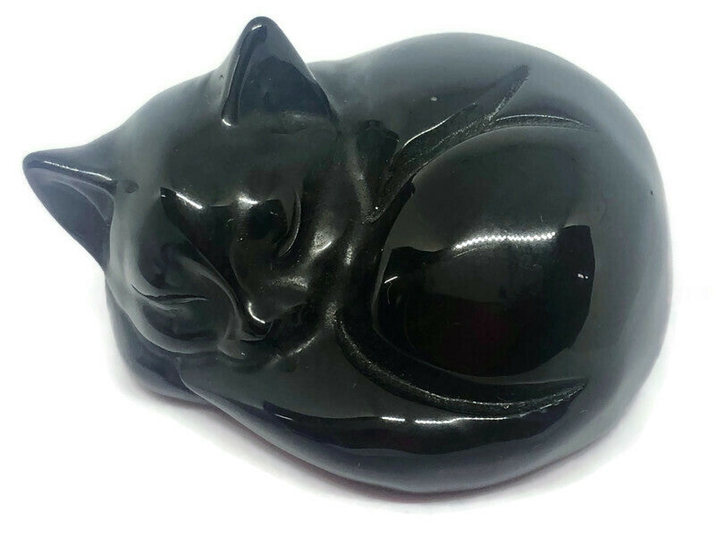 Beautiful Hand Carved Black Obsidian Crystal Sleeping Cat