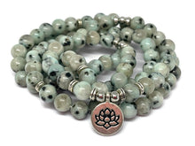Load image into Gallery viewer, Kiwi Jasper Mala Necklace with Lotus Charm