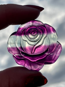 Carved Green and Purple Fluorite Crystal Rose