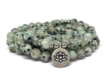 Load image into Gallery viewer, Kiwi Jasper Mala Necklace with Lotus Charm