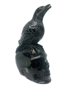 19 Cm Hand Carved Black Obsidian Crystal Raven Skull