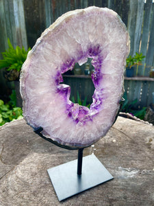 XXXL Sparkling A Grade Brazilian Amethyst Geode Ring Slice on Stand