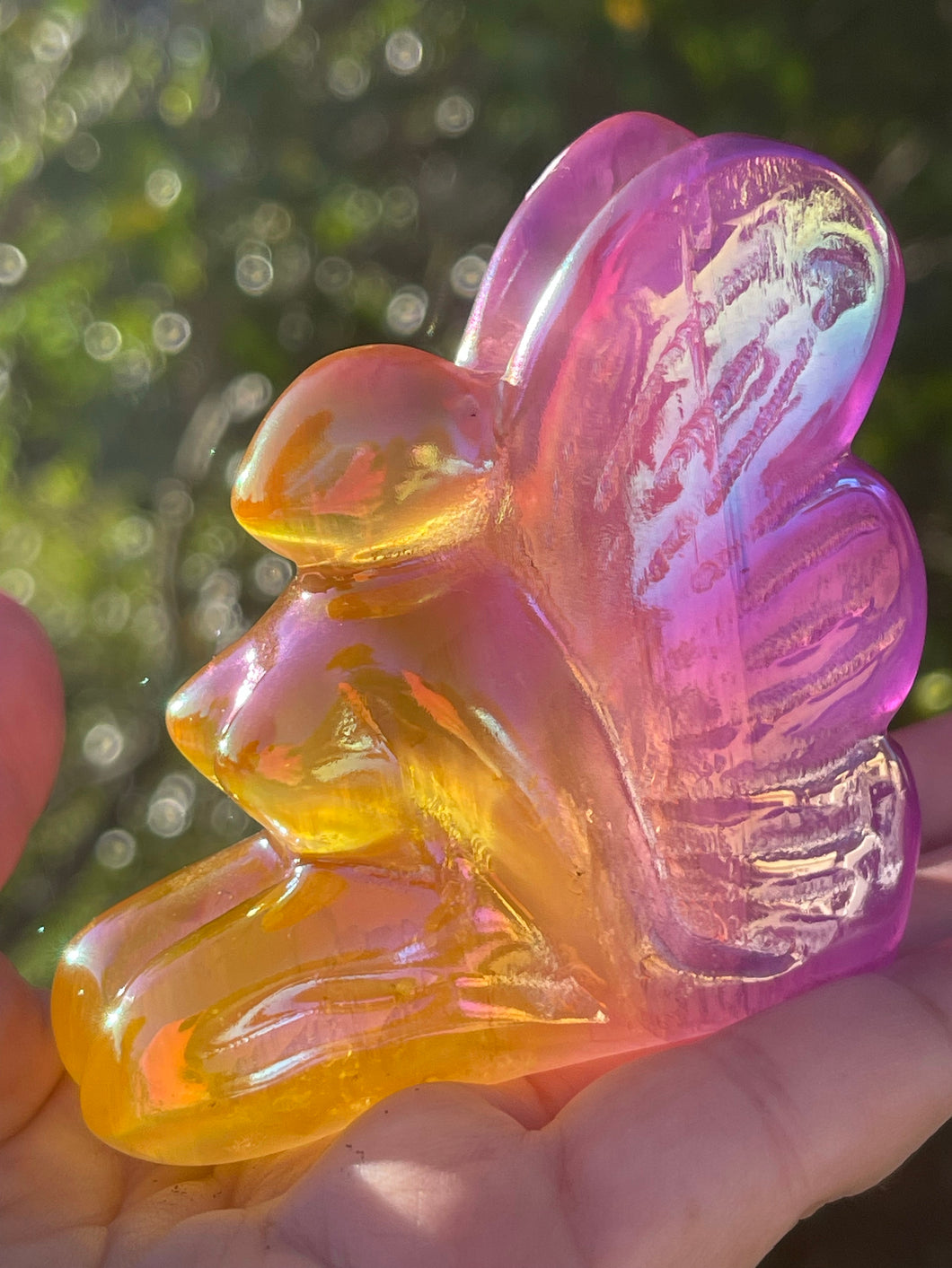 Hand Carved Rose and Golden Sunshine Aura Quartz Crystal Butterfly Fairy Spirit