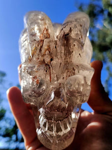 Hand Carved Rutilated Smokey Quartz Crystal Horned Skull