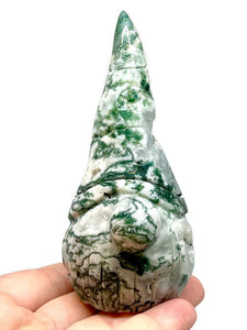 Large Hand Carved Natural Moss Agate Druzy Geode Crystal Garden Gnome