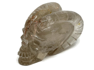 Hand Carved Rutilated Smokey Quartz Crystal Horned Skull